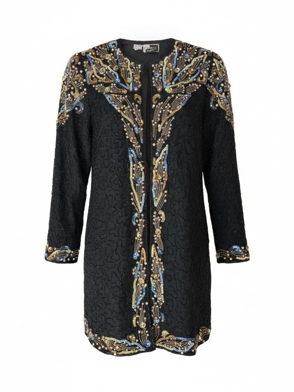 Vintage Carina 100% Silk Beaded Sequin Jacket Black Evening Statement Coat S/M